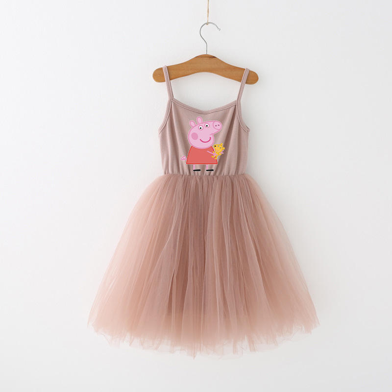 Girls Multicolor Puffy Slip Cartoon Piggy With Doll Sleeveless Dress