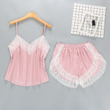 Women 2 Pieces Satin Silk Sleepwear Sling Lace Cami Top and Mini Shorts