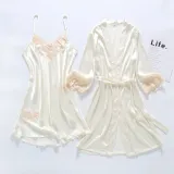 Women 2 Pieces Satin Silk Sleepwear Robe Nightgown and Sling Lace Dress Pajamas Set