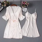 Women 2 Pieces Satin Silk Sleep Dress Sling Mini Dress and Cami Robe Pajamas Set