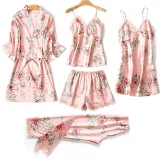 Women 5 Pieces Satin Silk Sleepwear Floral Printed Robe Lace Comi Top and Shorts Pajamas Set