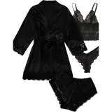 Women 4 Pieces Satin Silk Sleepwear Nightgown Lace with Lingerie Pajamas Set
