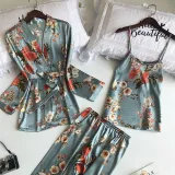 Women 3 Pieces Satin Silk Sleepwear Pajamas Robe Nightgown Floral Printed Sling Top and Pants Pajamas Set