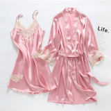 Women 2 Pieces Satin Silk Sleepwear Robe Nightgown and Sling Lace Dress Pajamas Set