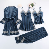 Women 4 Pieces Satin Silk Gold Velvet Sleepwear Cami Tops and Sling Dress Robe Pajamas Set