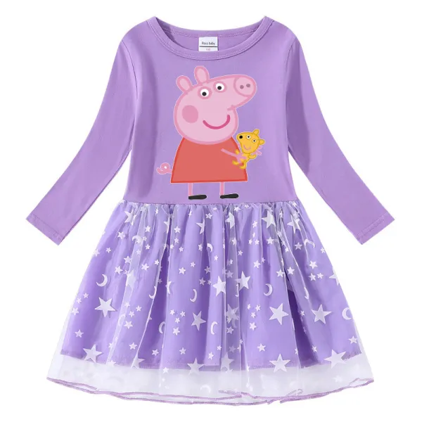 Girls Yarn Skirt Cartoon Piggy With Doll Long And Short Sleeve Dress