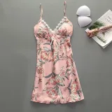 Women Satin Silk Sleep Dress Floral Printed Sling Backless Dress Pajamas