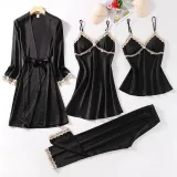 Women 4 Pieces Satin Silk Sleepwear Lace Robe Nightgown and Cami Tops Pants Pajamas Set