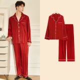 Men 2 Pieces Satin Silk Sleepwear Long Sleeve Shirt and Pants Pajamas Set