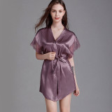 Women Satin Silk Sleep Dress Short Sleeve Lace Robe Dress Pajamas