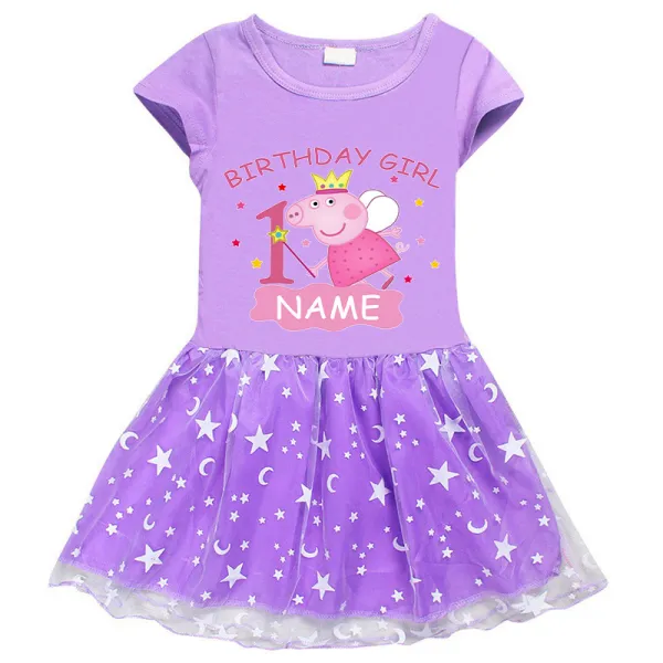 Girls Yarn Skirt Name Custom Birthday Celebration Cartoon Piggy Long And Short Sleeve Dress