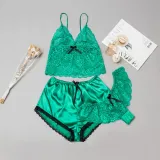 Women 3 Pieces Satin Silk Sleepwear Lace Sling Top Shorts and Lingerie Pajamas Set