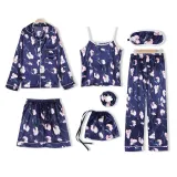 Women 7 Pieces Satin Silk Sleepwear Cami Tops and Long Sleeve Shiet with Eye Mask Pajamas Set