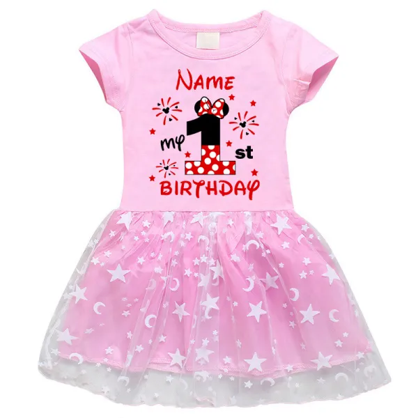 Girls Yarn Skirt Name Custom Birthday Celebration Cartoon Mouse Long And Short Sleeve Dress