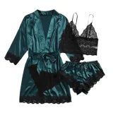 Women 4 Pieces Satin Silk Sleepwear Nightgown Lace with Lingerie Pajamas Set