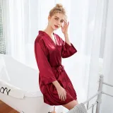 Women Satin Silk Sleep Dress Long Sleeve Lace Mini Dress Robe Pajamas