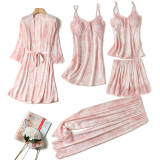 Women 5 Pieces Satin Silk Sleepwear Floral Printed Lace Cami Tops and Pants Robe Pajamas Set