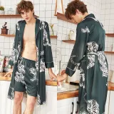 Women 2 Pieces Satin Silk Sleepwear Printed Robe Nightgown and Shorts Pajamas Set