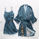 Women 2 Pieces Satin Silk Sleepwear Butterfly Printed Robe Nightgown and Backless Sleep Dress Pajamas Set