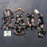 Women 5 Pieces Satin Silk Sleepwear Floral Printed Robe Lace Comi Top and Shorts Pajamas Set