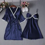 Women 2 Pieces Satin Silk Sleep Dress Sling Mini Dress and Cami Robe Pajamas Set