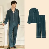 Men 2 Pieces Satin Silk Sleepwear Long Sleeve Shirt and Pants Pajamas Set