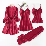Women 4 Pieces Satin Silk Sleepwear Lace Robe Nightgown and Cami Tops Pants Pajamas Set