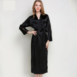 Women Long Sleeve Solid Color Lace Sleepwear Surplice Maxi Dress Robe Nightgown with Belt