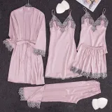 Women 5 Pieces Satin Silk Sleepwear Sling Sleep Dress and Robe Pajamas Set
