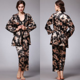 Women 3 Pieces and Men Robe Satin Silk Sleepwear Couple Pajamas Set