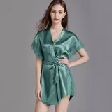 Women Satin Silk Sleep Dress Short Sleeve Lace Robe Dress Pajamas