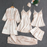 Women 5 Pieces Satin Silk Sleepwear Lace Sling Sleep Dress Tops and Nightgown Pajamas Set