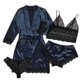 Women 4 Pieces Satin Silk Sleepwear Nightgown Lace with Lingerie Pajamas Set