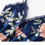Women 5 Pieces Satin Silk Sleepwear Floral Printed Robe Lace Comi Top and Shorts Pajamas Set