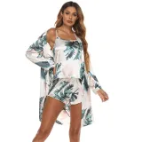 Women 3 Pieces Satin Silk Sleep Dress Sling Mini Dress and Robe Pajamas Set