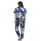 Women 2 Pieces Satin Silk Sleepwear Palm Printed Short Sleeve Shirt and Pants Pajamas Set