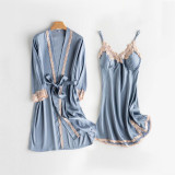 Women 2 Pieces Satin Silk Sleep Dress Sling Lace Dress and ong Sleeve Robe Pajamas Set