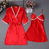 Women 2 Pieces Satin Silk Sleep Dress Sling Mini Dress and Cami Robe Pajamas Set