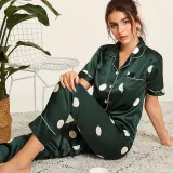 Women 2 Pieces Satin Silk Sleepwear Palm Printed Short Sleeve Shirt and Pants Pajamas Set