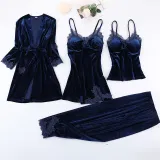 Women 4 Pieces Gold Velvet Sleepwear Cami Top and Pants Robe Pajamas Set
