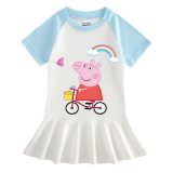 Girls Rainbow Cartoon Piggy With Rainbow Long And Short Sleeve Casual Skirt