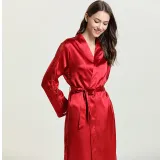 Women Long Sleeve Solid Color Lace Sleepwear Surplice Maxi Dress Robe Nightgown with Belt