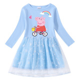 Girls Yarn Skirt Cartoon Piggy With Rainbow Long And Short Sleeve Dress