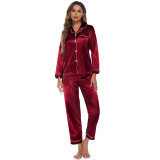 Women 2 Pieces Satin Silk Sleepwear Solid Color Long Sleeve Shirt and Pants Pajamas Set