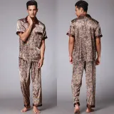 Women 2 Pieces Satin Silk Sleepwear Short Sleeve Shirt and Oants Pajamas Set