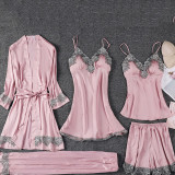Women 5 Pieces Satin Silk Sleepwear Robe Sling Dress and Cami Top Shorts Pajamas Set