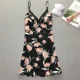 Women Satin Silk Sleep Dress Floral Printed Sling Backless Dress Pajamas