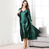 Women 2 Pieces Nightgown Silk Sling Sleeveless Lace V-Neck Midi Dress and Robe Pajamas Set