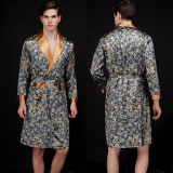 Men Satin Silk V-Neck Sleepwear Long Sleeve Printed Midi Robe Nightgown Pajamas