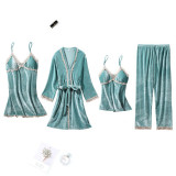 Women 4 Pieces Satin Silk Sleepwear Cami Tops and Sling Dress Robe Pajamas Set